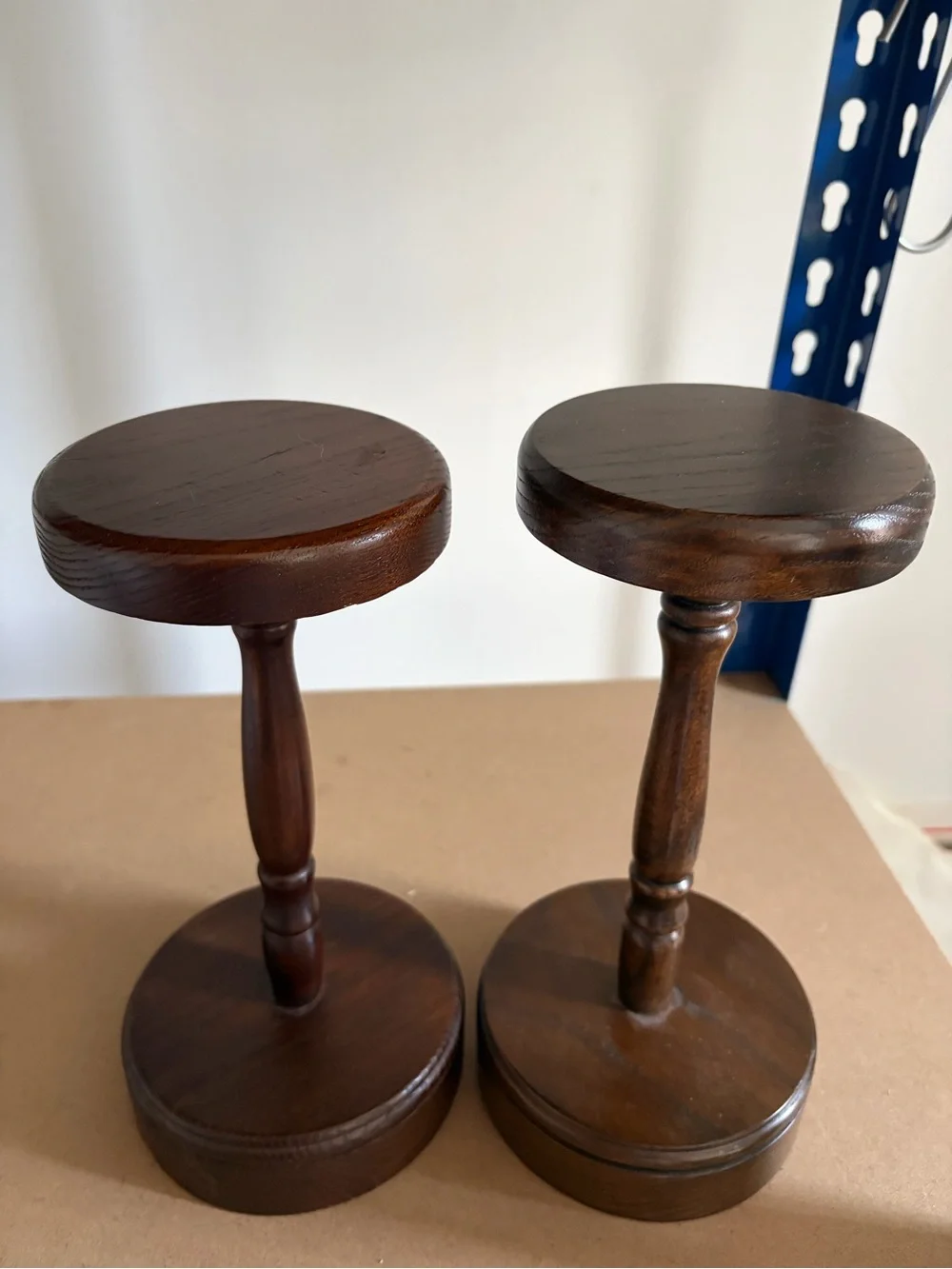 Pair of Dark Wood Hat Pedestal Stands - Round Display Stools